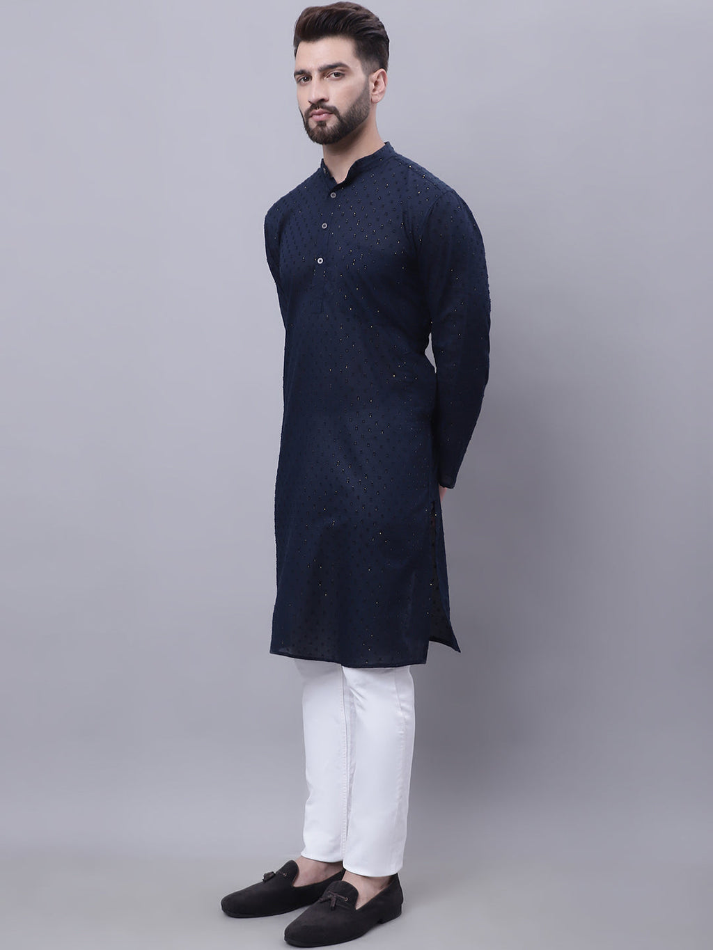 Even Apparels Blue Pure Cotton Kurta With Band Collar
