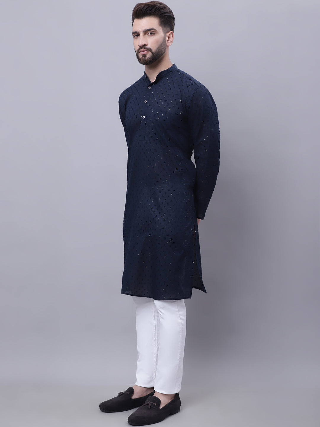 Even Apparels Blue Pure Cotton Kurta With Band Collar