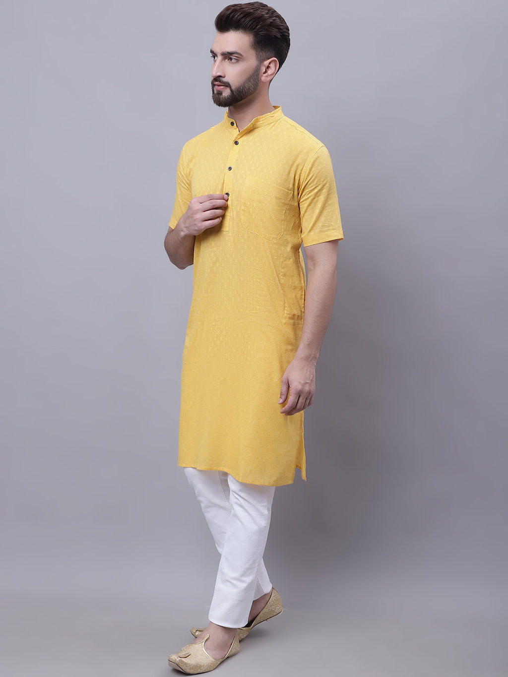 Even Apparels Yellow Pure Cotton Short Sleeves Kurta With Band Collar