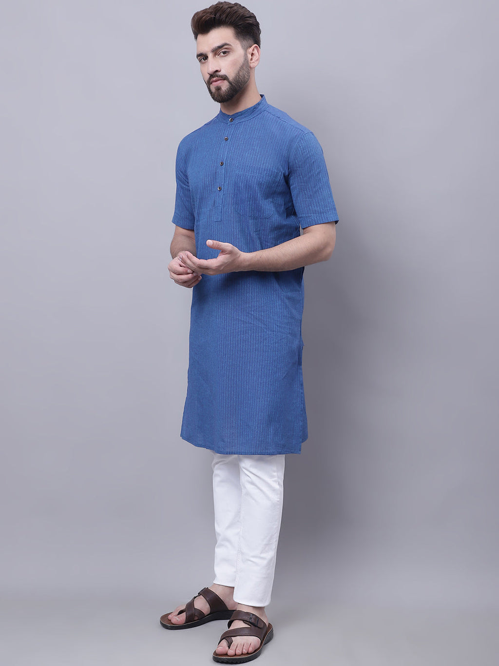 Even Apparels Blue Pure Cotton Short Sleeves Kurta With Band Collar