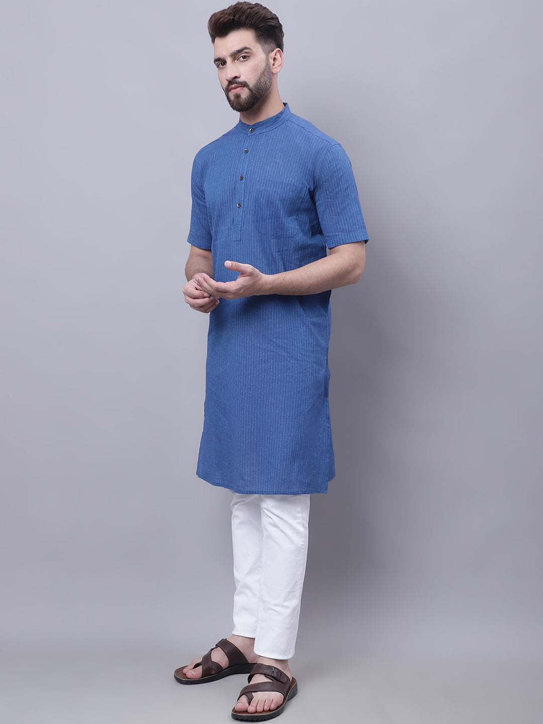 Even Apparels Blue Pure Cotton Short Sleeves Kurta With Band Collar