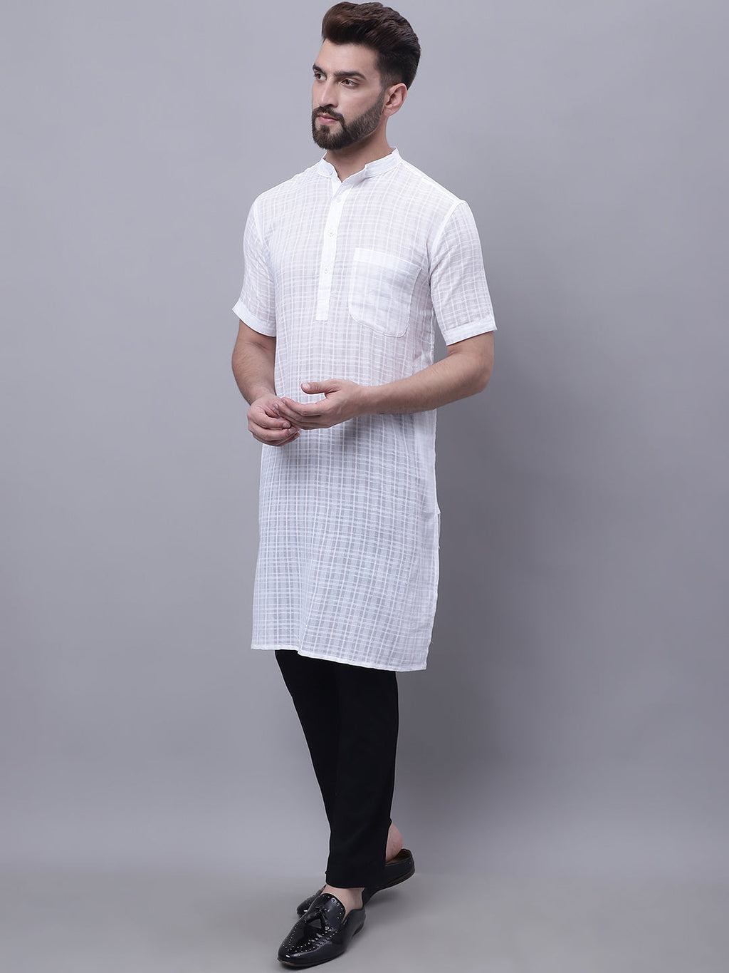 Even Apparels White Pure Cotton Short Sleeves Kurta With Band Collar