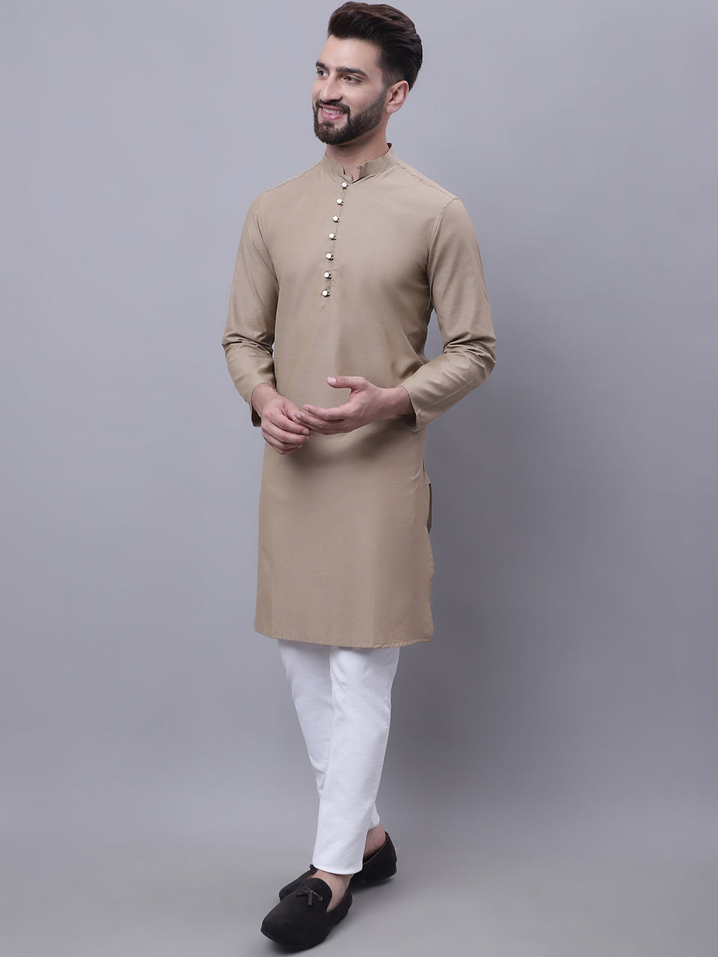 Even Apparels Beige Pure Cotton Kurta With Band Collar