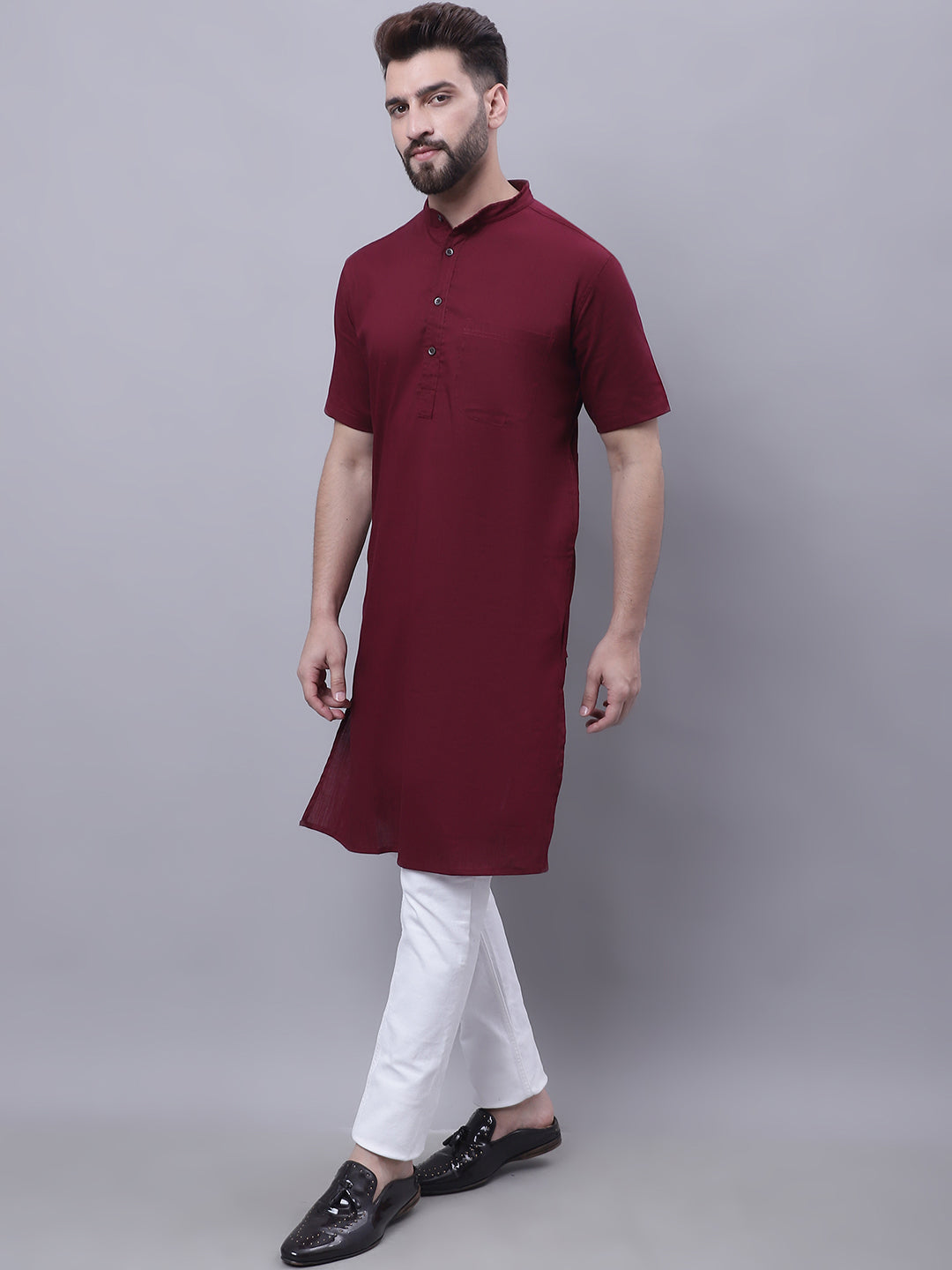 Even Apparels Red Pure Cotton Short Sleeves Kurta With Band Collar