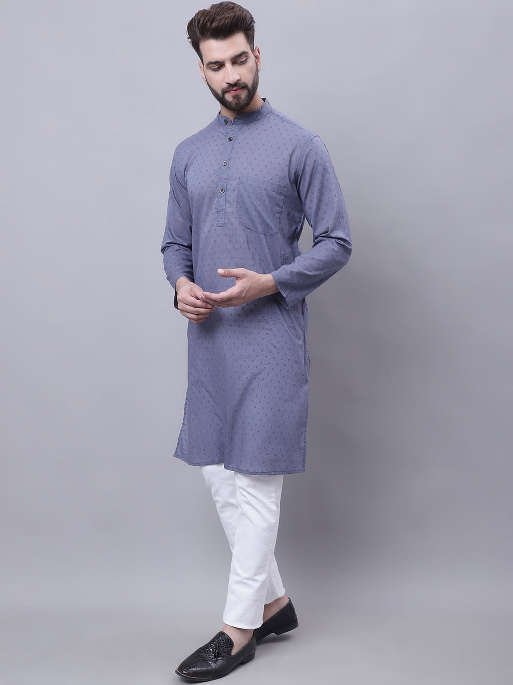 Even Apparels Grey Pure Cotton Kurta With Band Collar