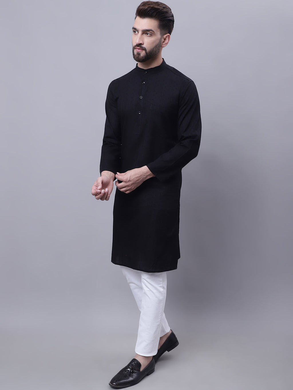 Even Apparels Black Pure Cotton Kurta With Band Collar