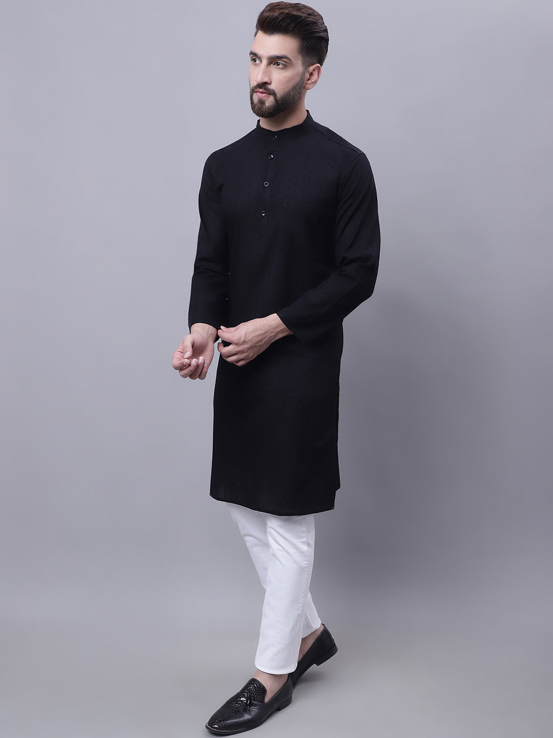 Even Apparels Black Pure Cotton Kurta With Band Collar
