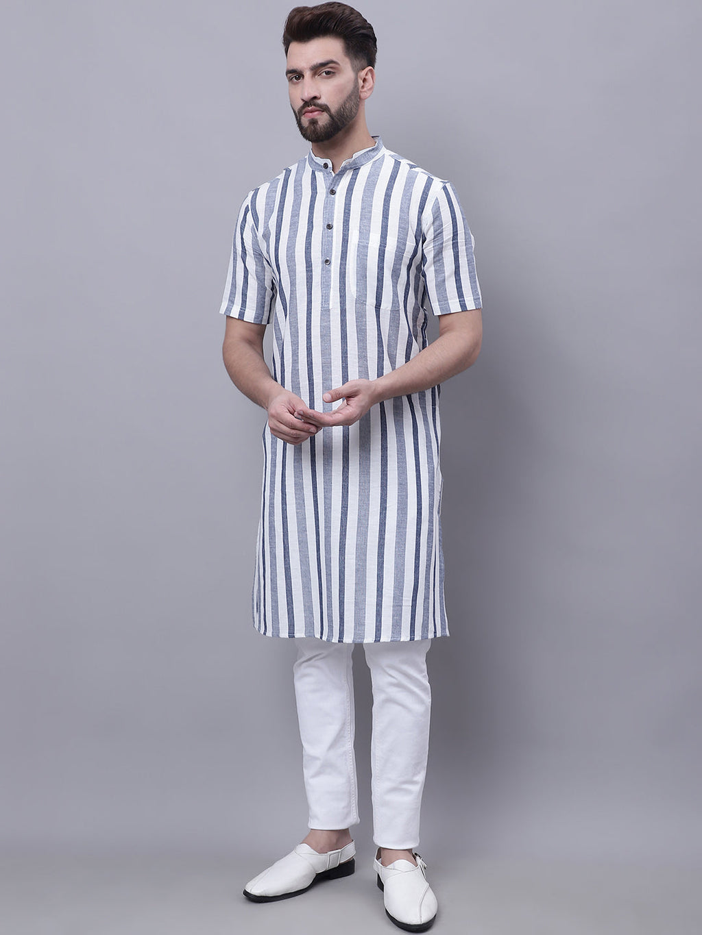 Even Apparels Grey Pure Cotton Short Sleeves Kurta With Band Collar