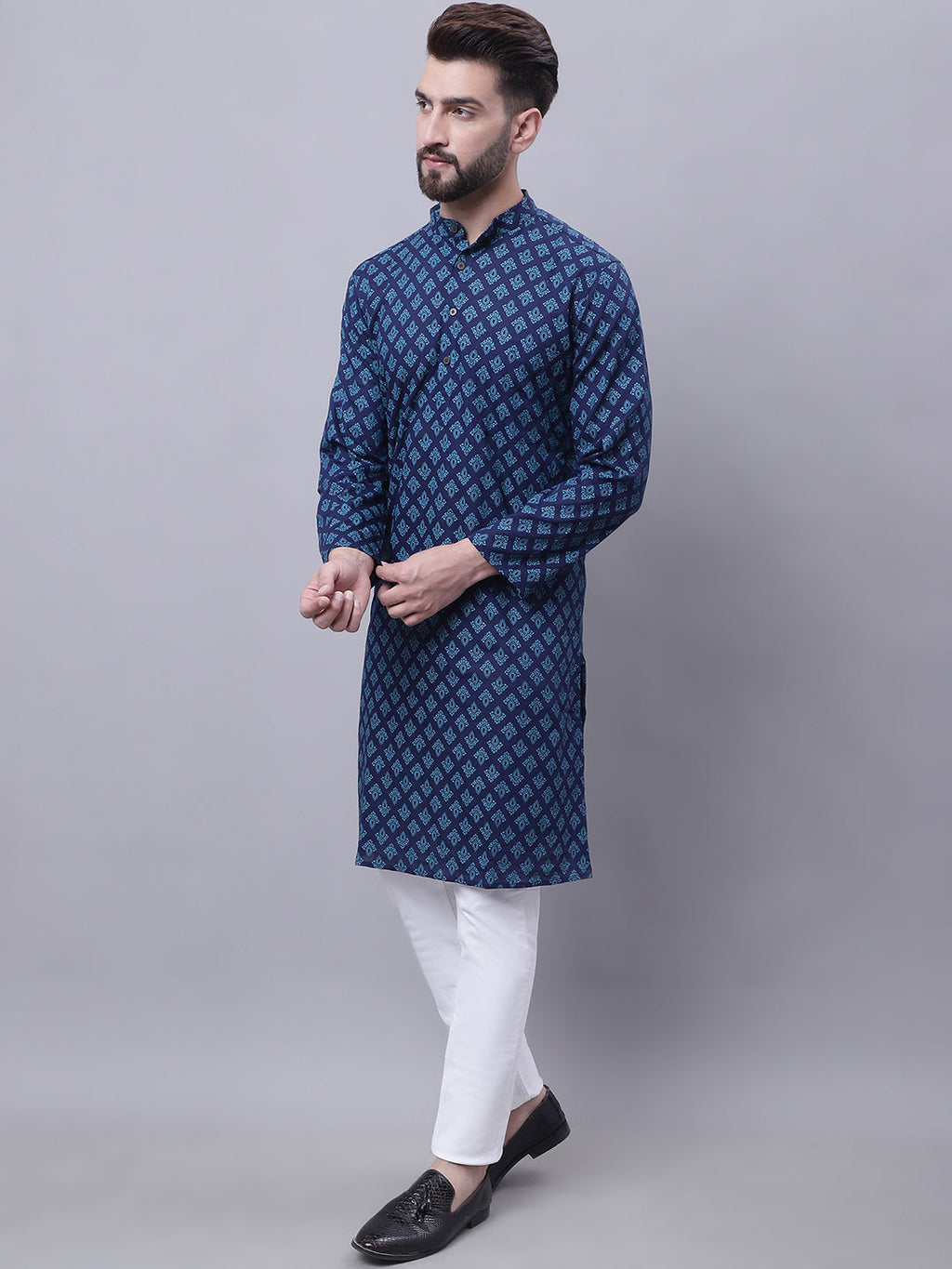 Even Apparels Blue Pure Cotton Kurta With Band Collar