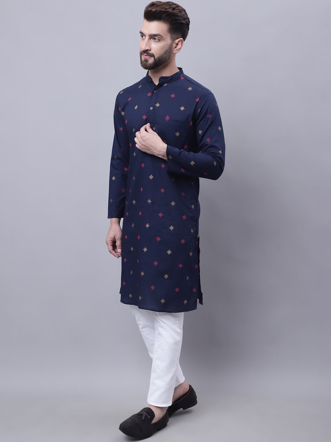 Even Apparels Blue Pure Cotton Kurta With Band Collar