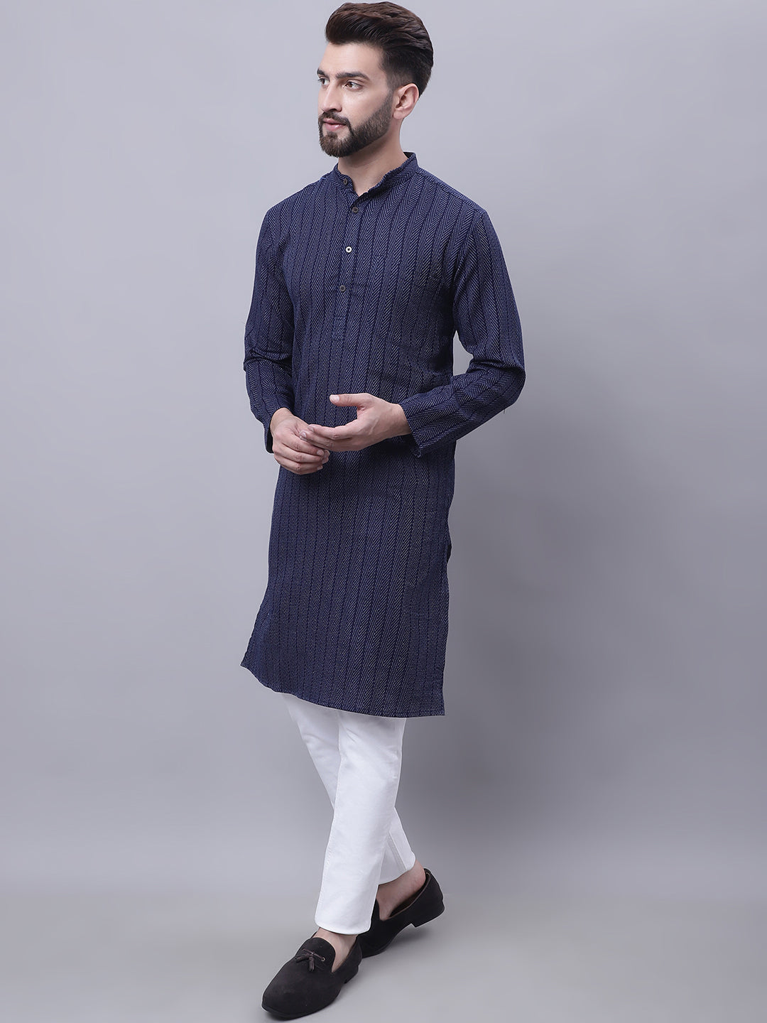 Even Apparels Blue Pure Cotton Kurta With Band Collar