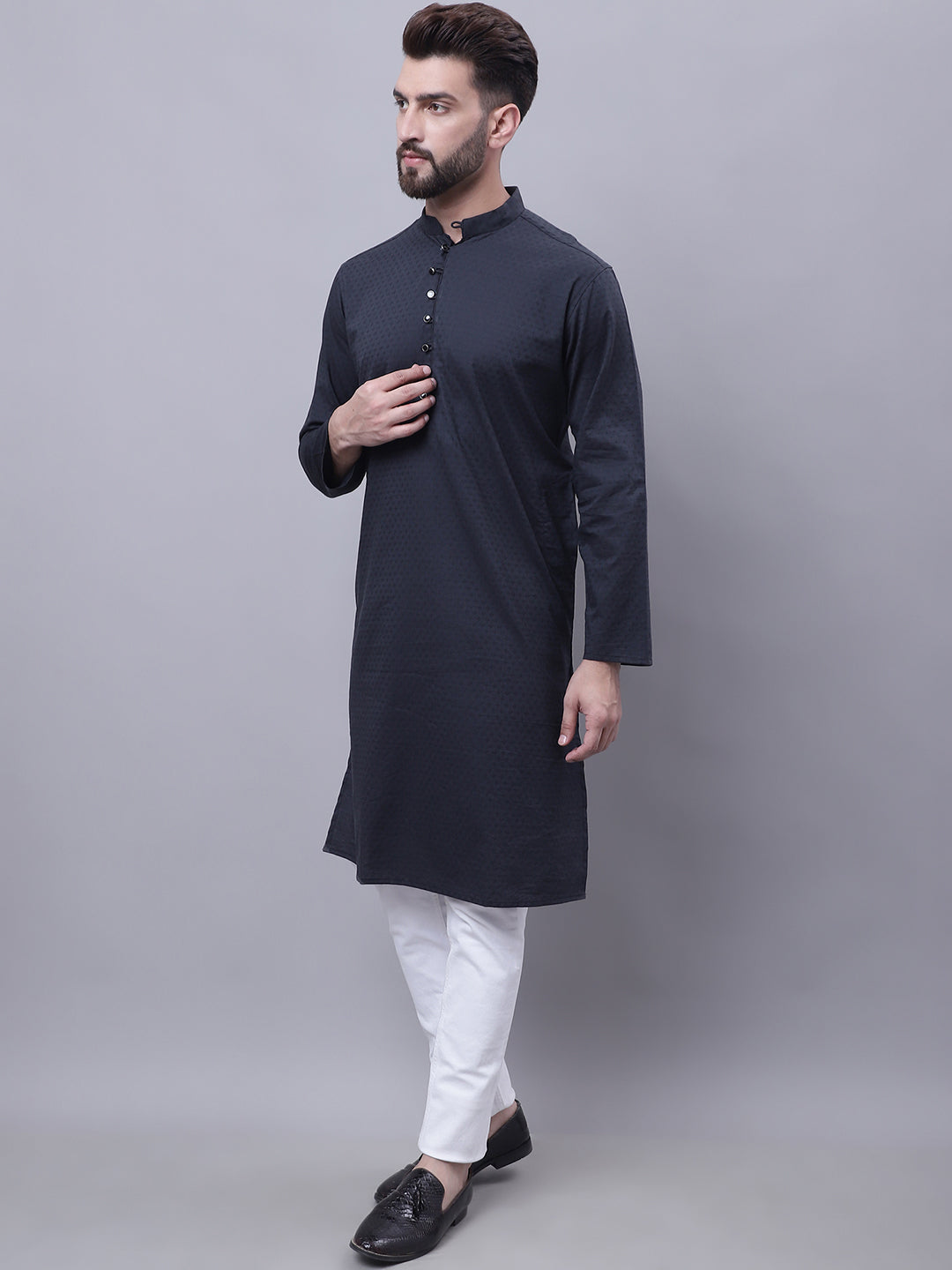 Even Apparels Black Pure Cotton Kurta With Band Collar