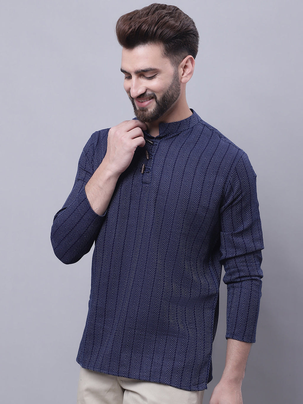 Indian Clothing Even Apparels Blue Pure Cotton Short Kurta With Band Collar