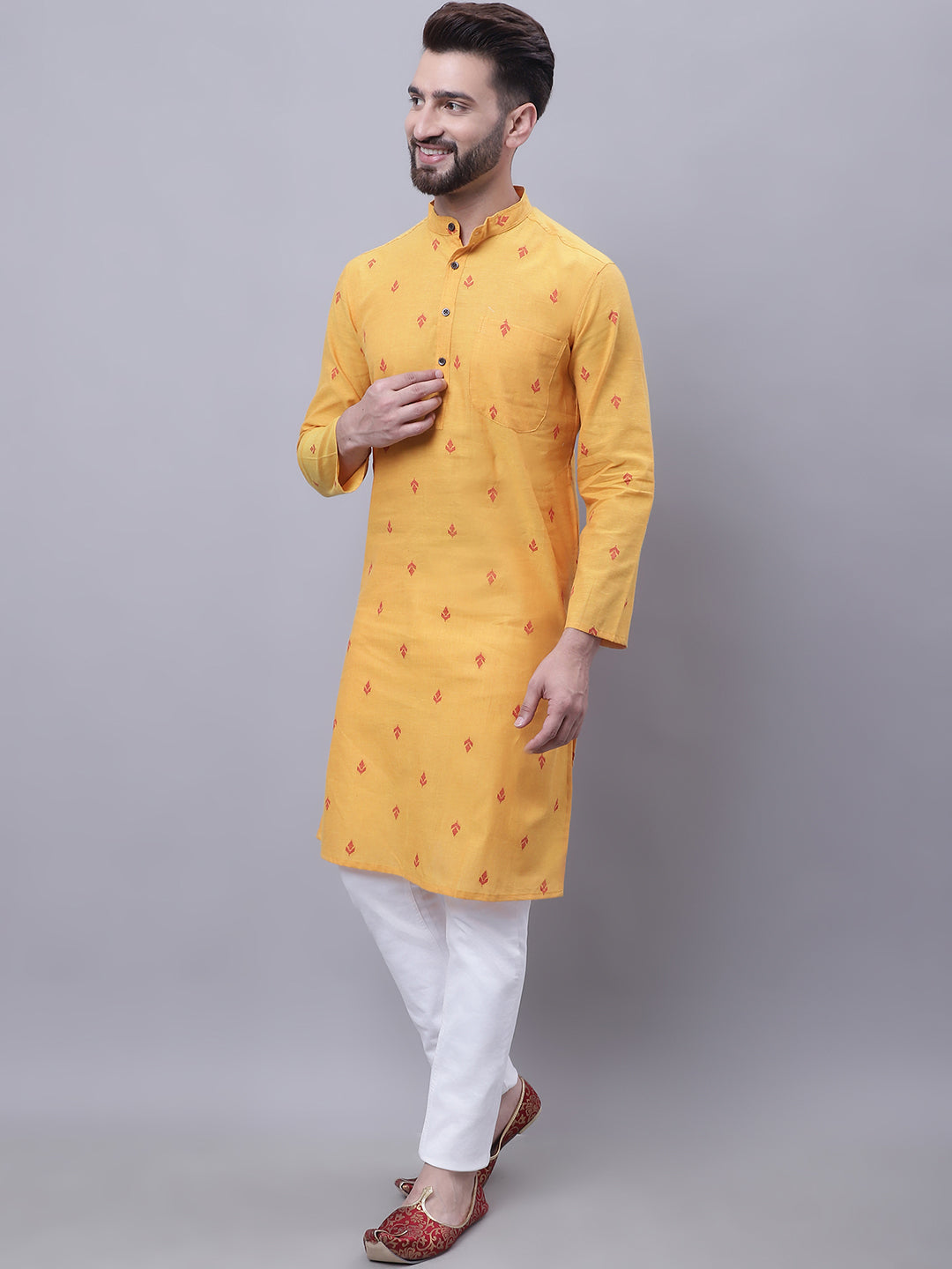 Even Apparels Yellow Pure Cotton Kurta With Band Collar