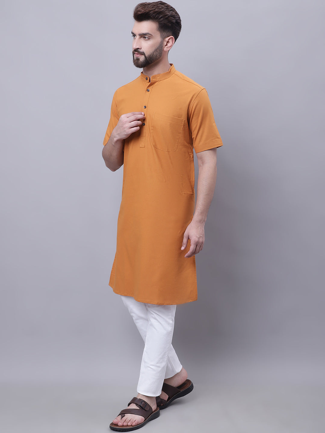 Even Apparels Yellow Pure Cotton Short Sleeves Kurta With Band Collar