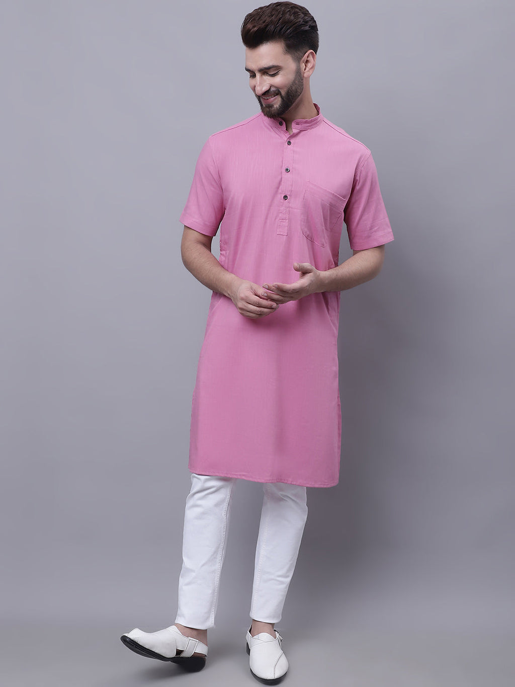 Even Apparels Pink Pure Cotton Short Sleeves Kurta With Band Collar