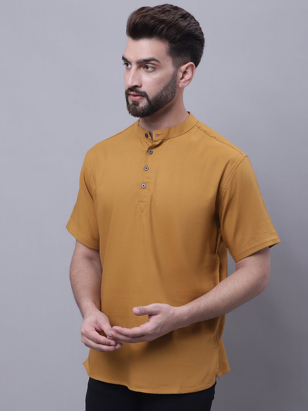 Even Apparels Brown Pure Cotton Short Kurta With Band Collar