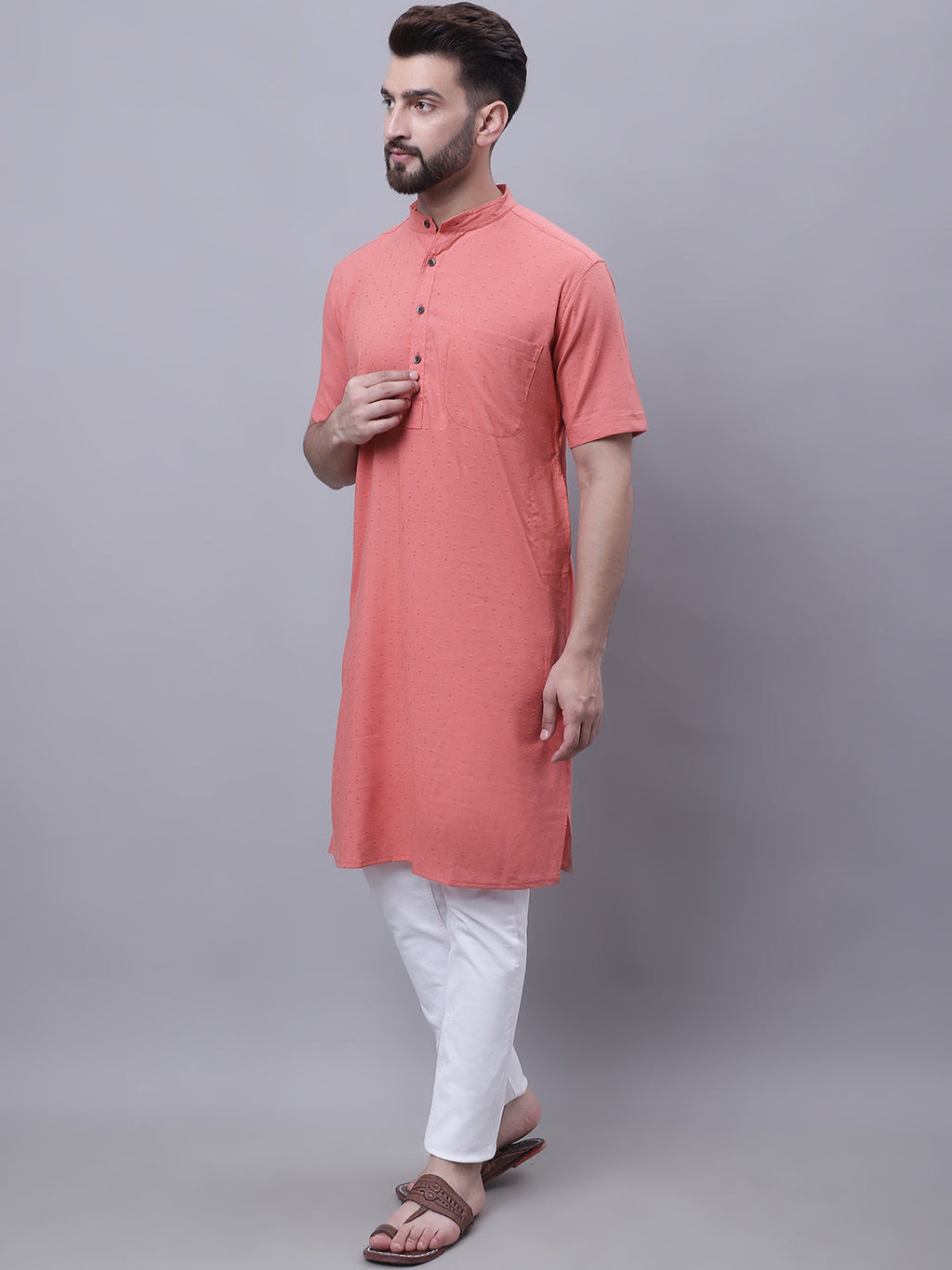 Even Apparels Peach Pure Cotton Short Sleeves Kurta With Band Collar