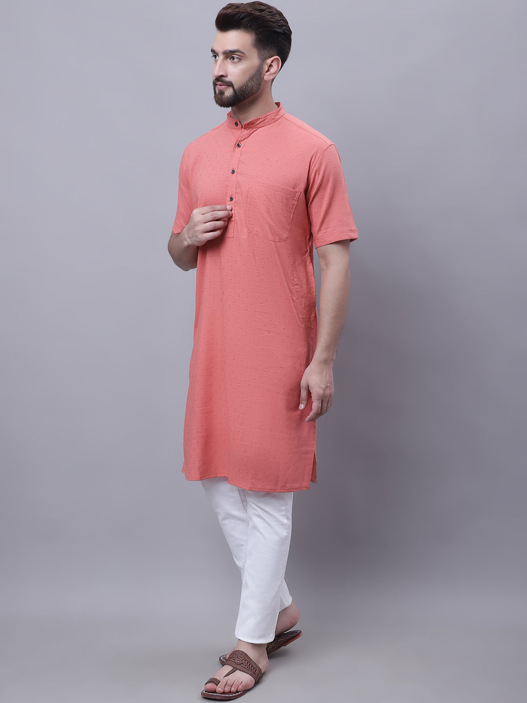 Even Apparels Peach Pure Cotton Short Sleeves Kurta With Band Collar