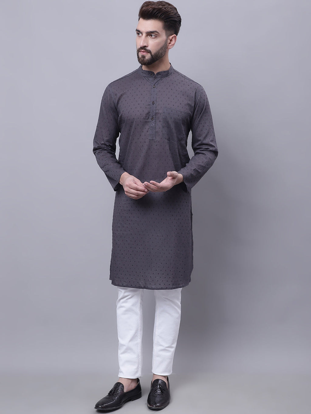 Even Apparels Grey Pure Cotton Kurta With Band Collar