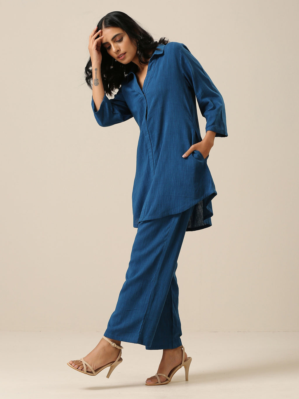 trueBrowns Classic Blue Slub Texture Collar Short Co-Ord Set