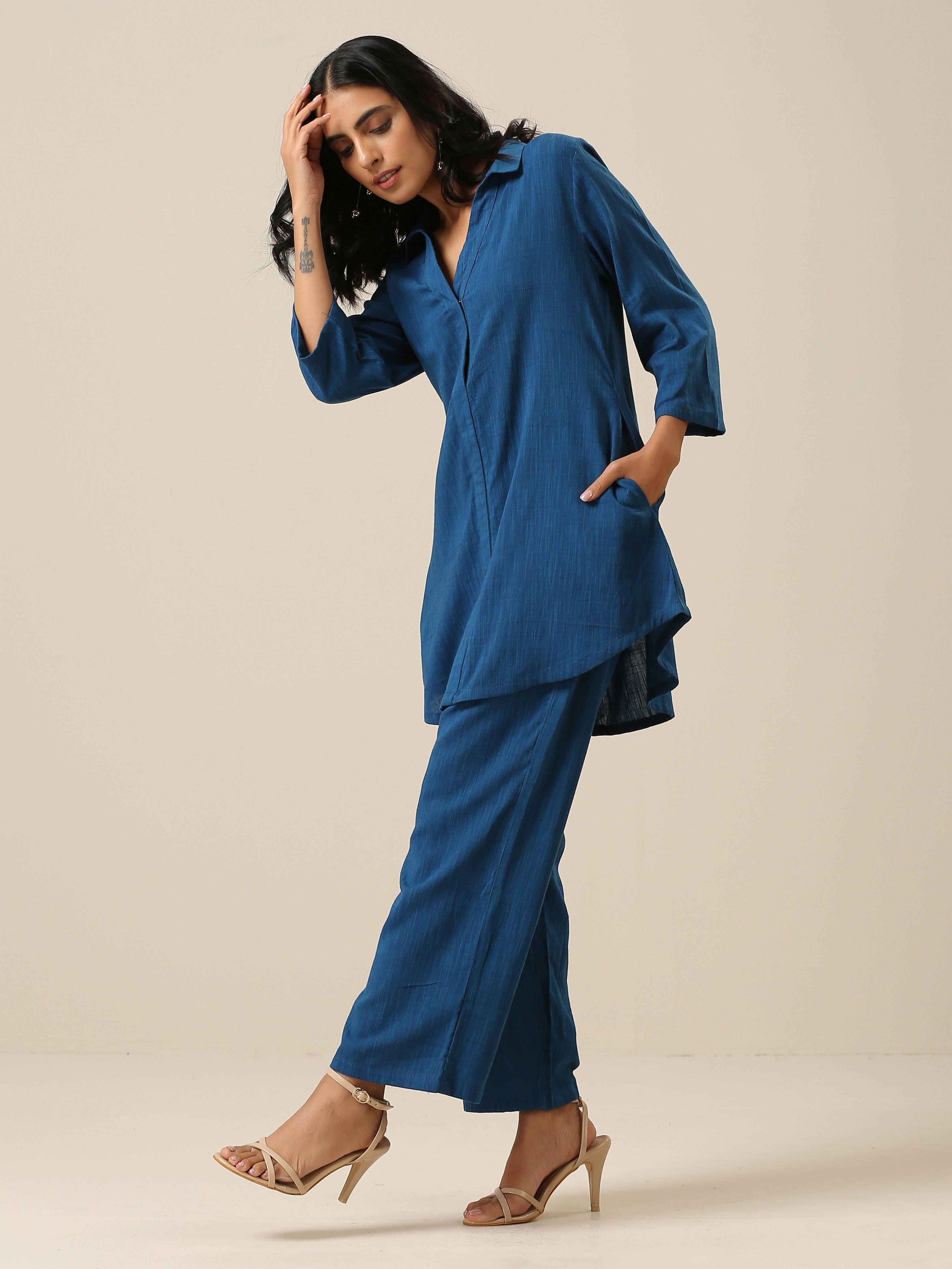 trueBrowns Classic Blue Slub Texture Collar Short Co-Ord Set