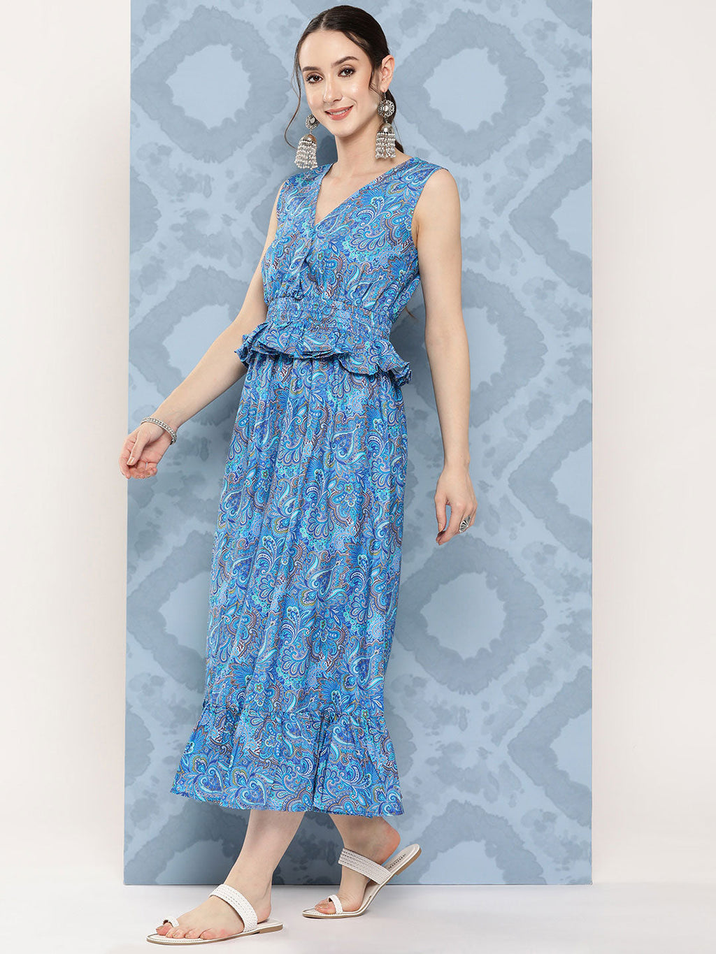 InWeave Women's Sapphire Blue Floral Paisley Print Long Frill Dress