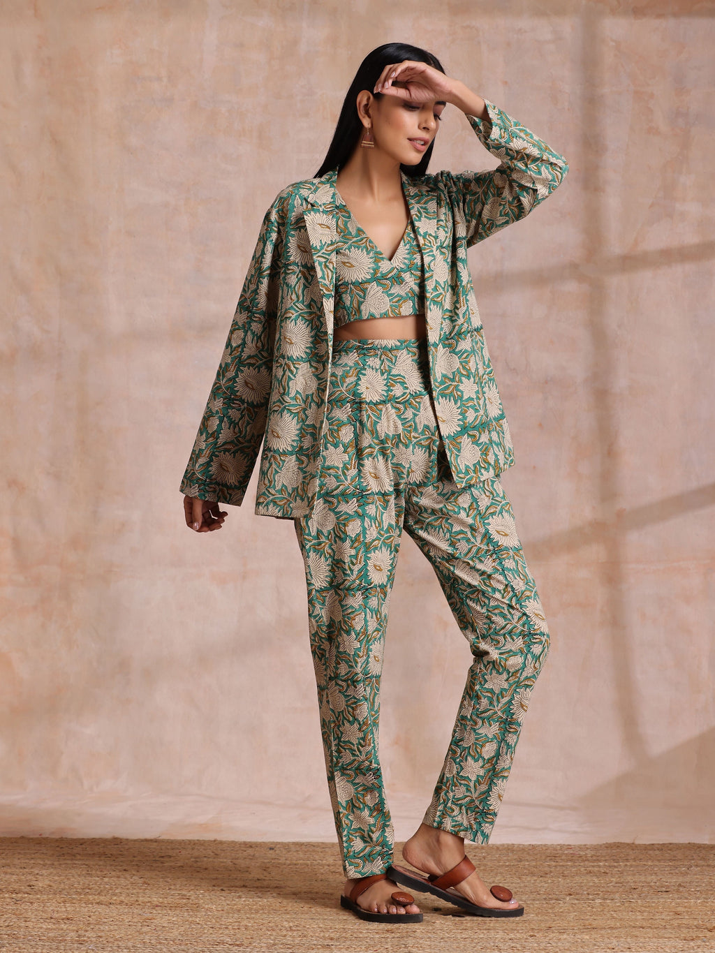 trueBrowns Fern Green Overall Floral Block Print Cotton Pant Suit Set