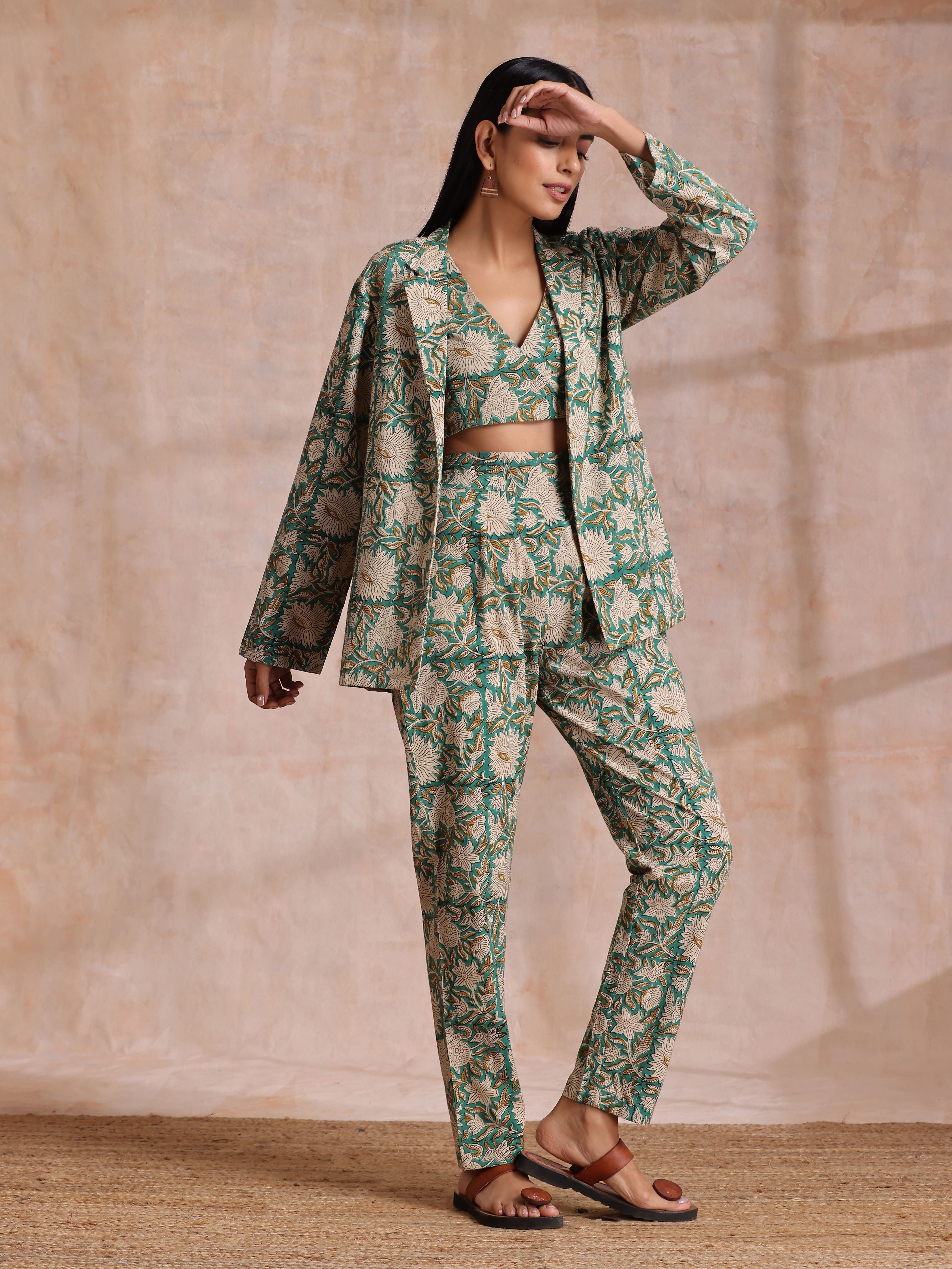 trueBrowns Fern Green Overall Floral Block Print Cotton Pant Suit Set