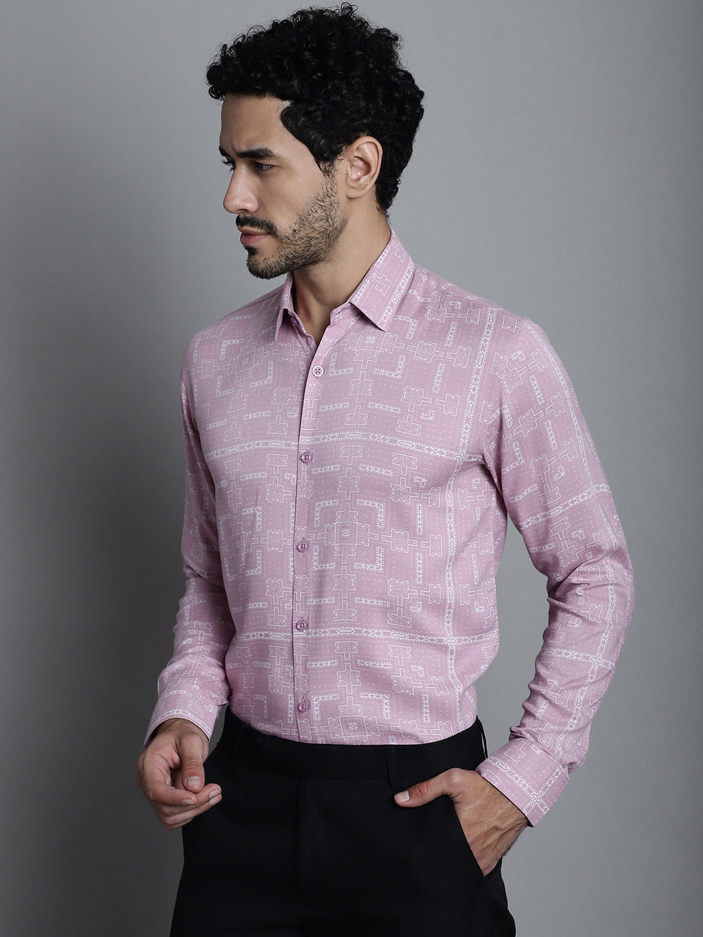 Jainish Men's Geomatric Printed Formal Shirts - Magenta