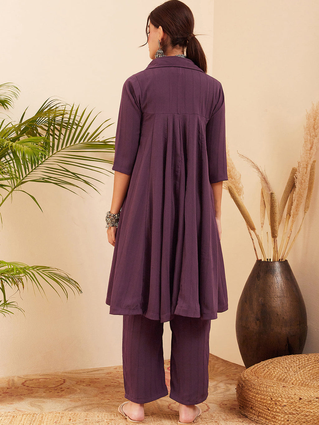 InWeave Women's Graphite Grey Collared Neck Flared Kurta Pant Set