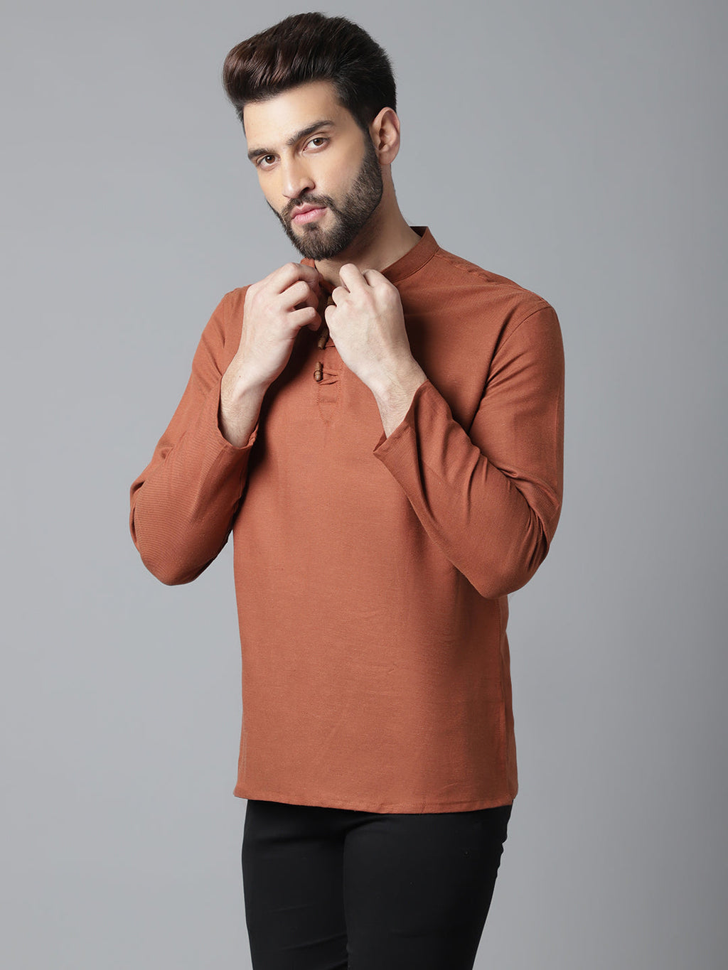 Even Apparels Rust Pure Cotton Kurta With Band Collar