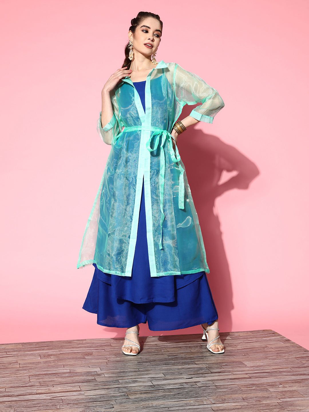 InWeave Women's Ink Blue Strappy Kurta Set With Teal Organza Cape