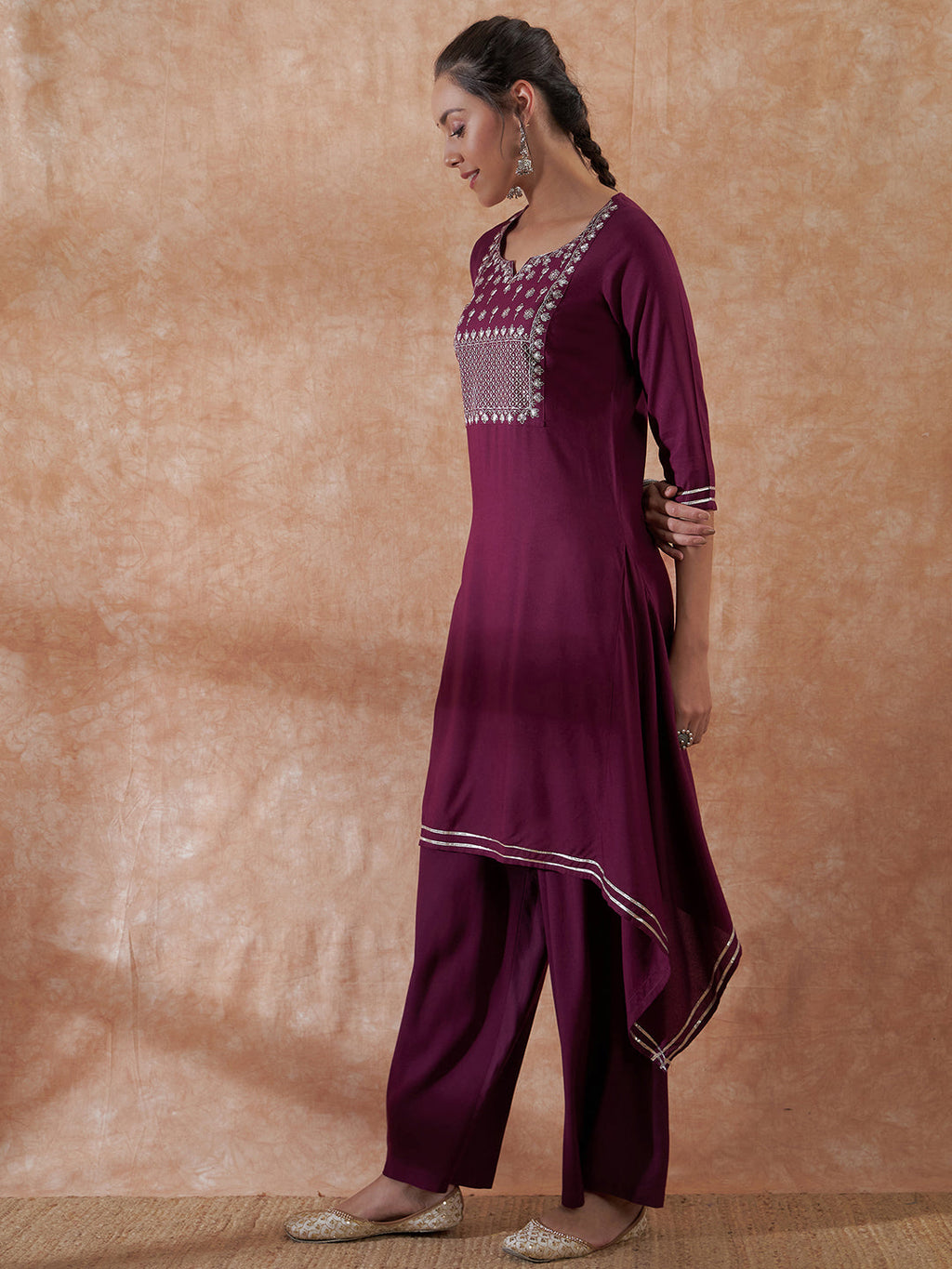 InWeave Women's Burgundy Emb Assymetrical Kurta Pant Set