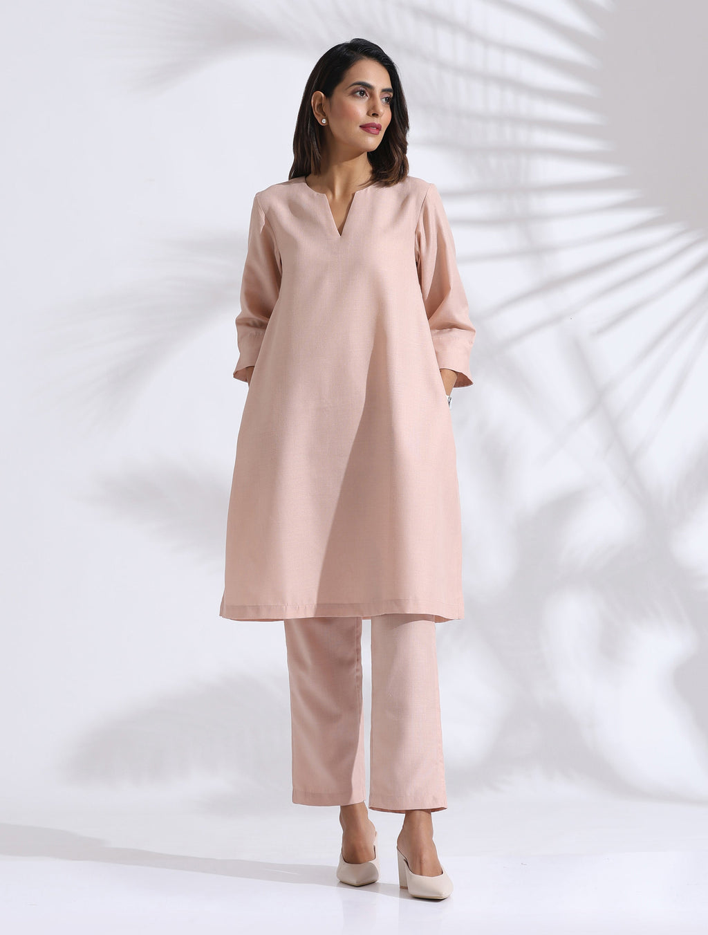 trueBrowns Light Pink Slub Kurta Co-ord Set