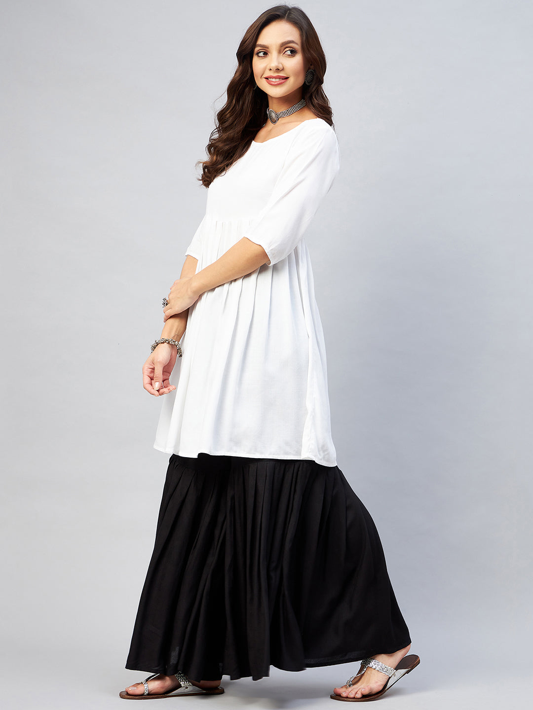 InWeave Women's Cream Short Anarkali Kurta