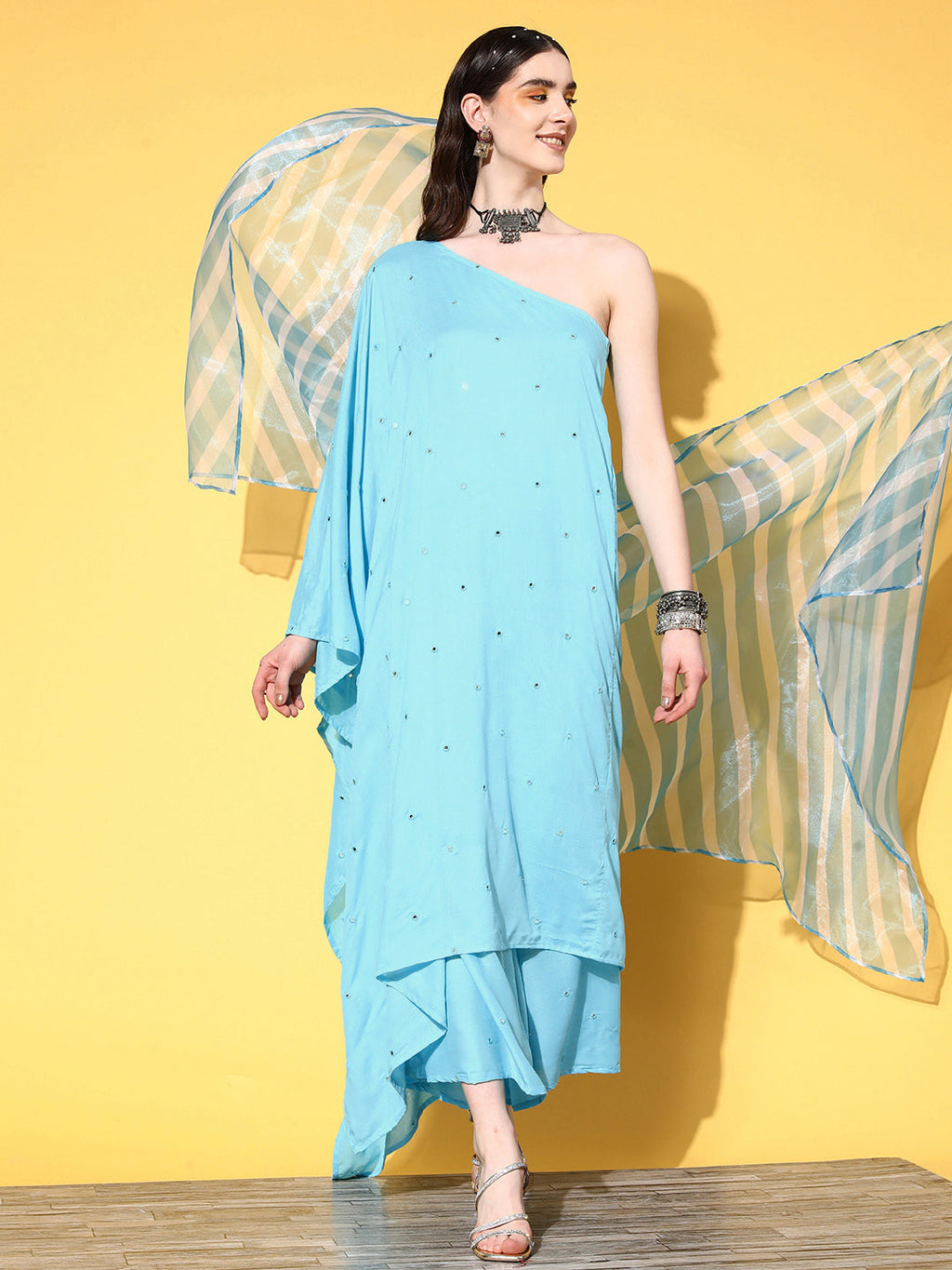 InWeave Women's Sky Blue Mirror Work One Shoulder Kurta Set With Dupatta