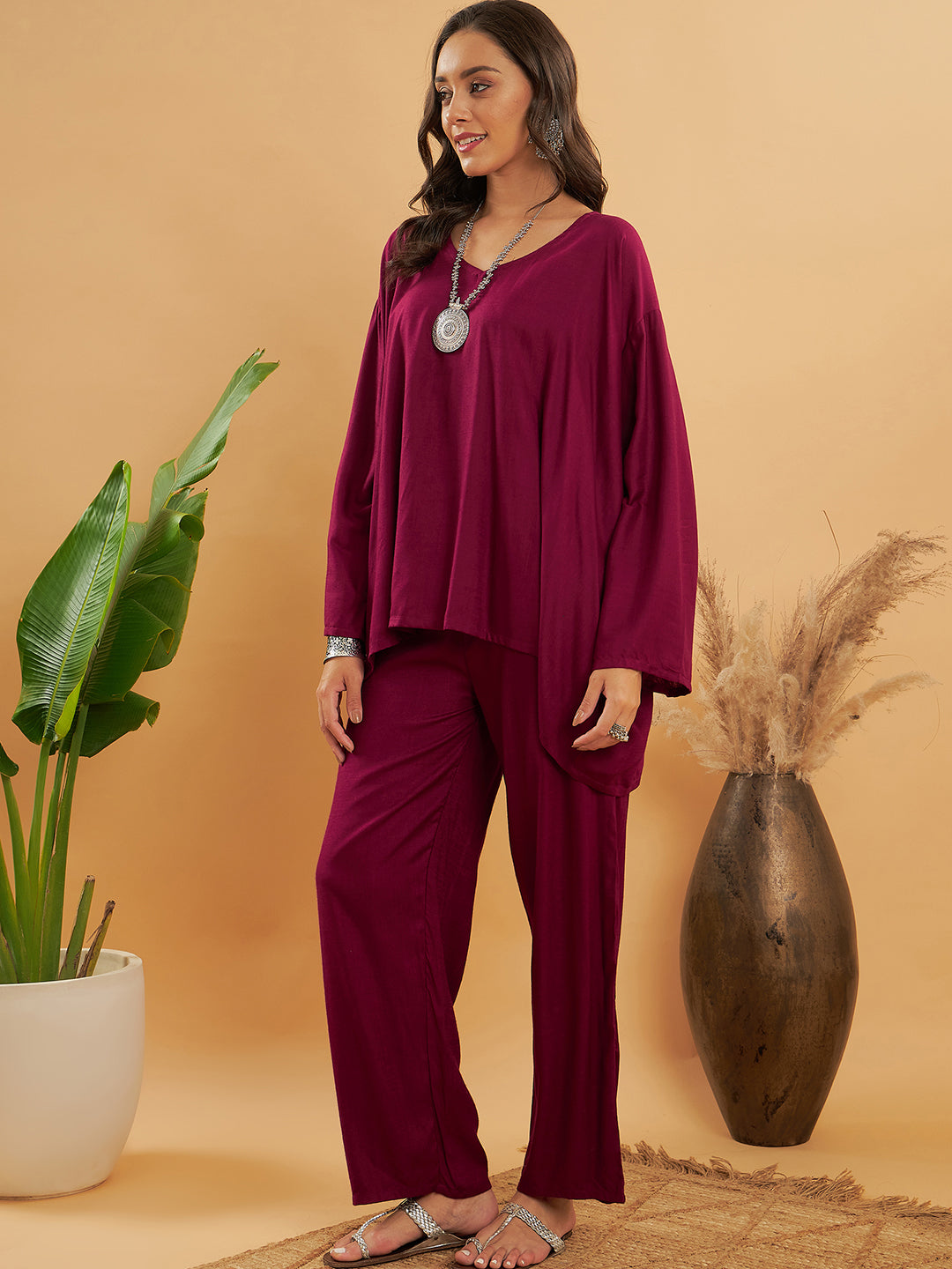 InWeave Women's Jam Wine Solid Boho Full Sleeve Coord Set