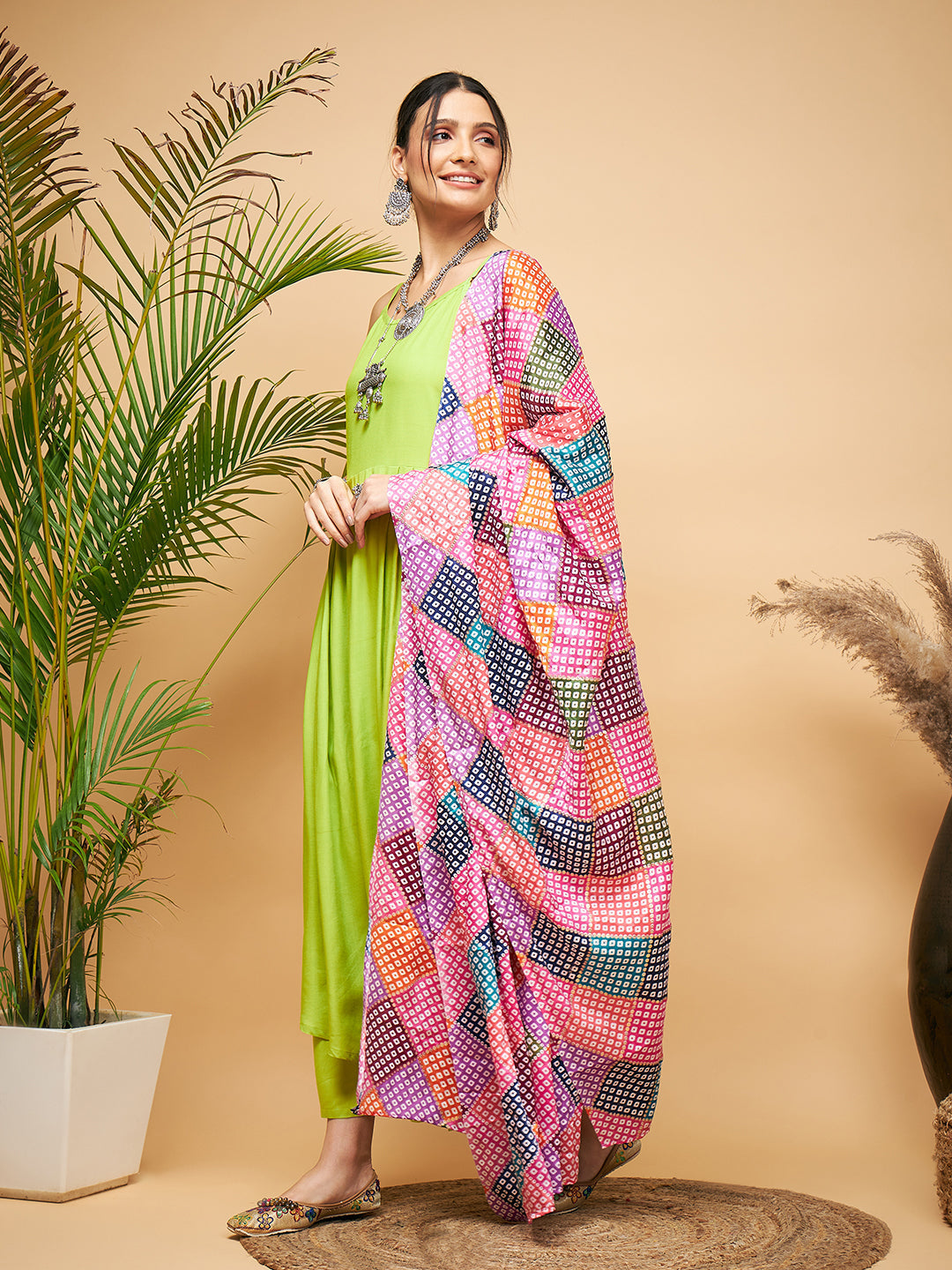 InWeave Women's Lime Green Strappy Set W Square Bandhani Print Silk Dupatta