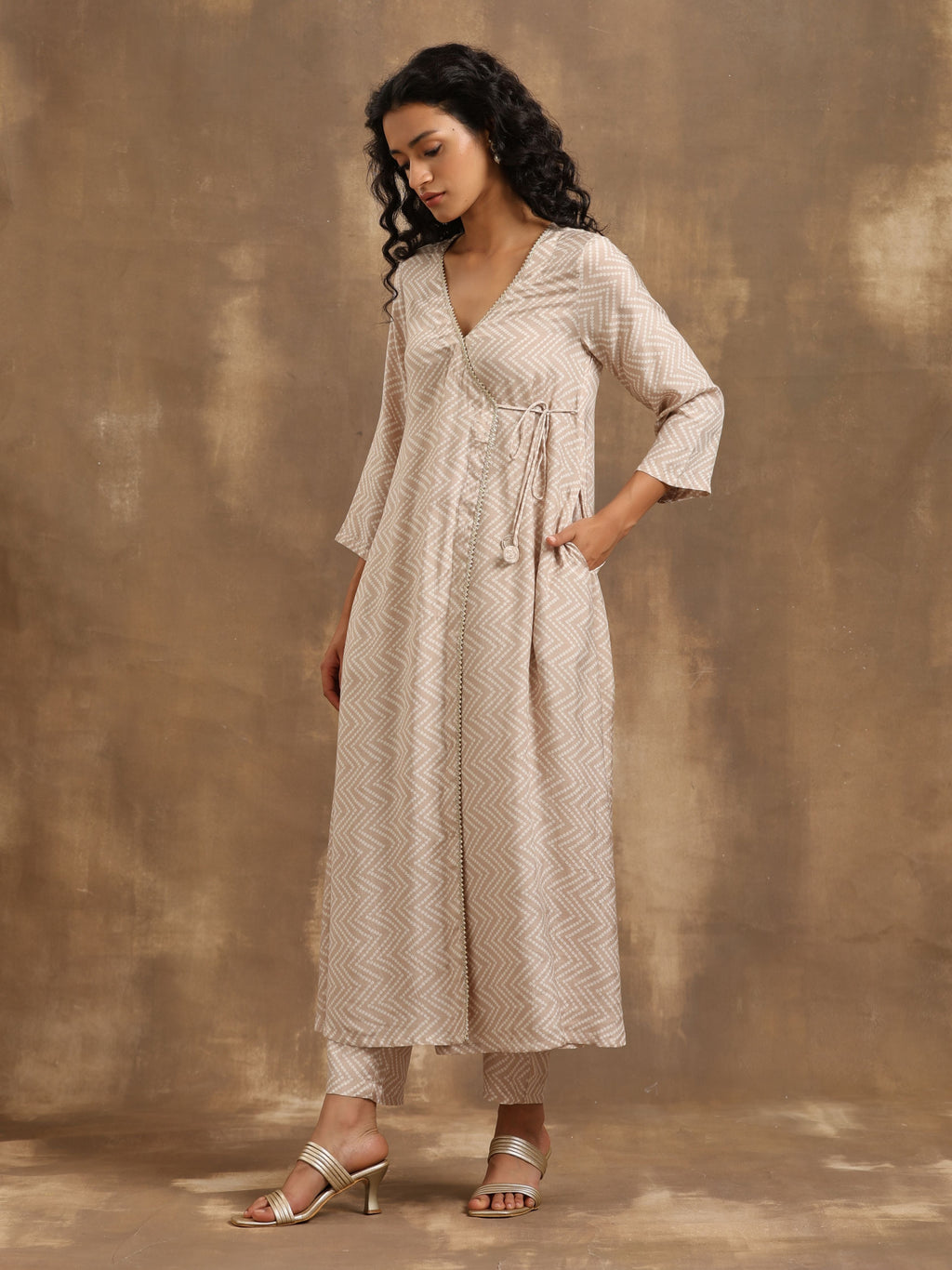 trueBrowns Beige Zig-Zag Print Silk Angrakha Kurta Pant Set