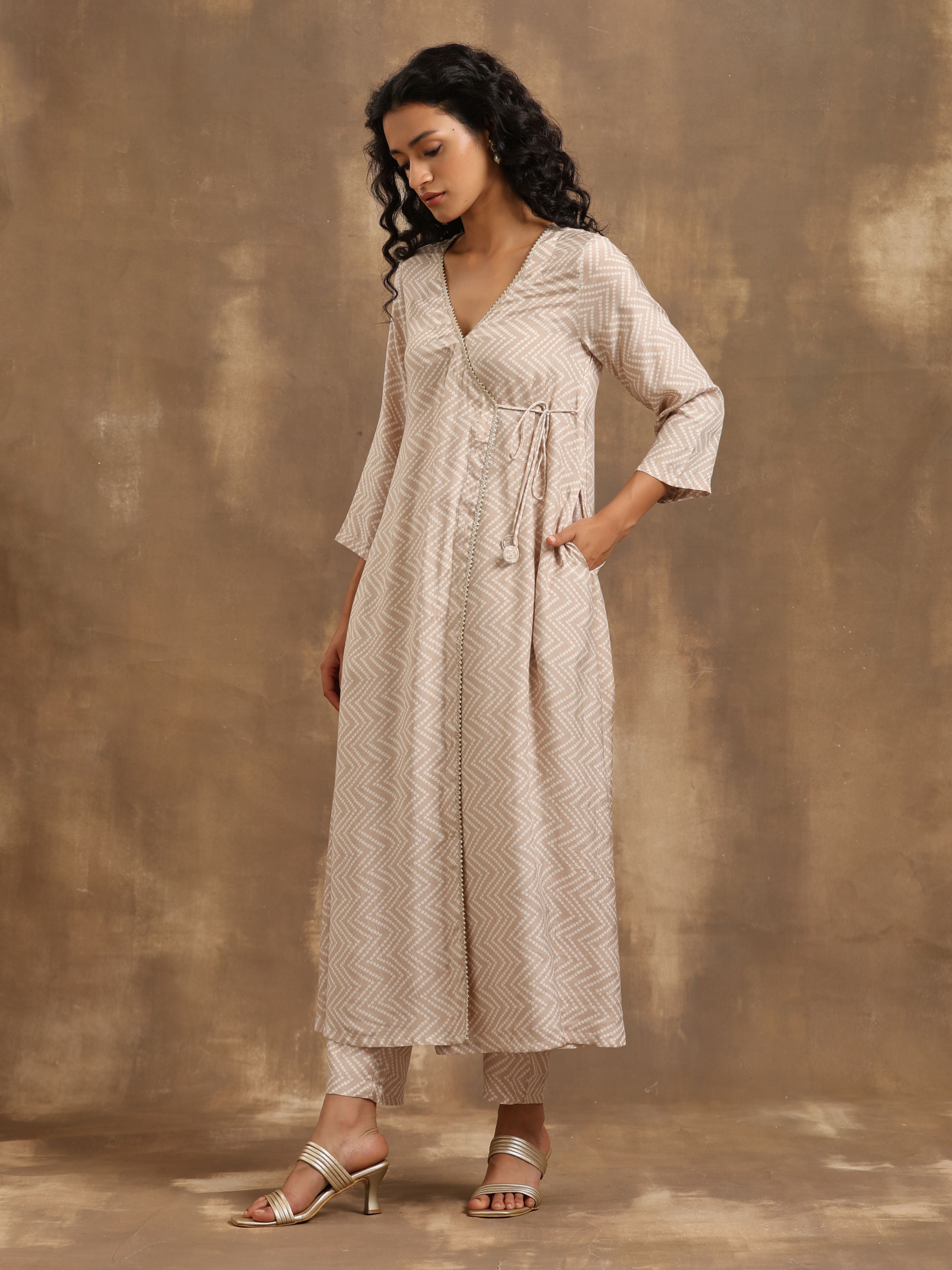 trueBrowns Beige Zig-Zag Print Silk Angrakha Kurta Pant Set