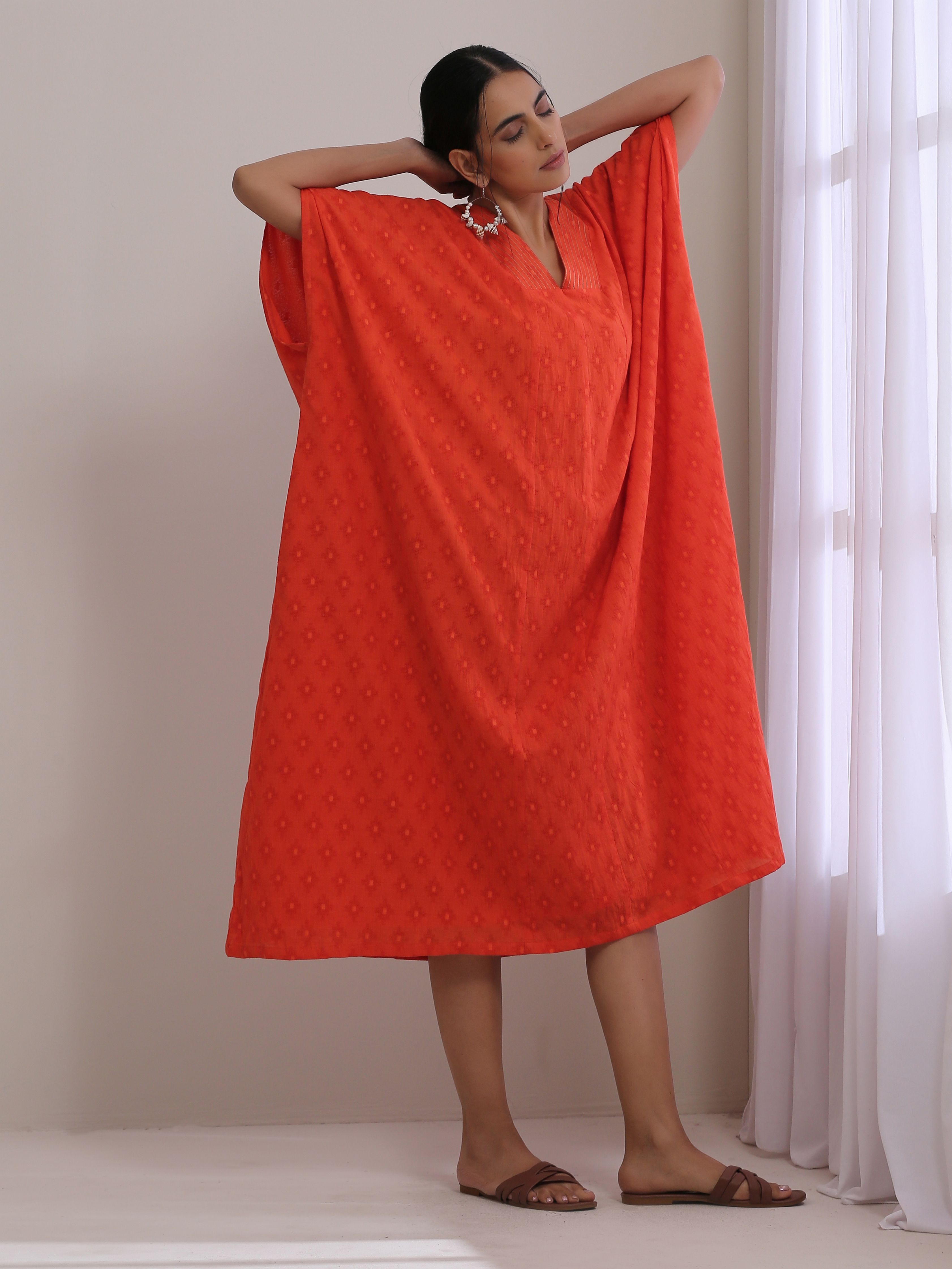trueBrowns Orange Dobby Panel Kaftan Dress