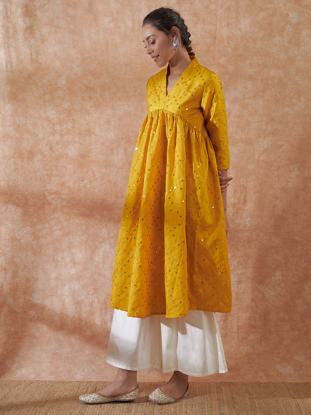InWeave Women's Mustard Mirror Work Flared Kurta