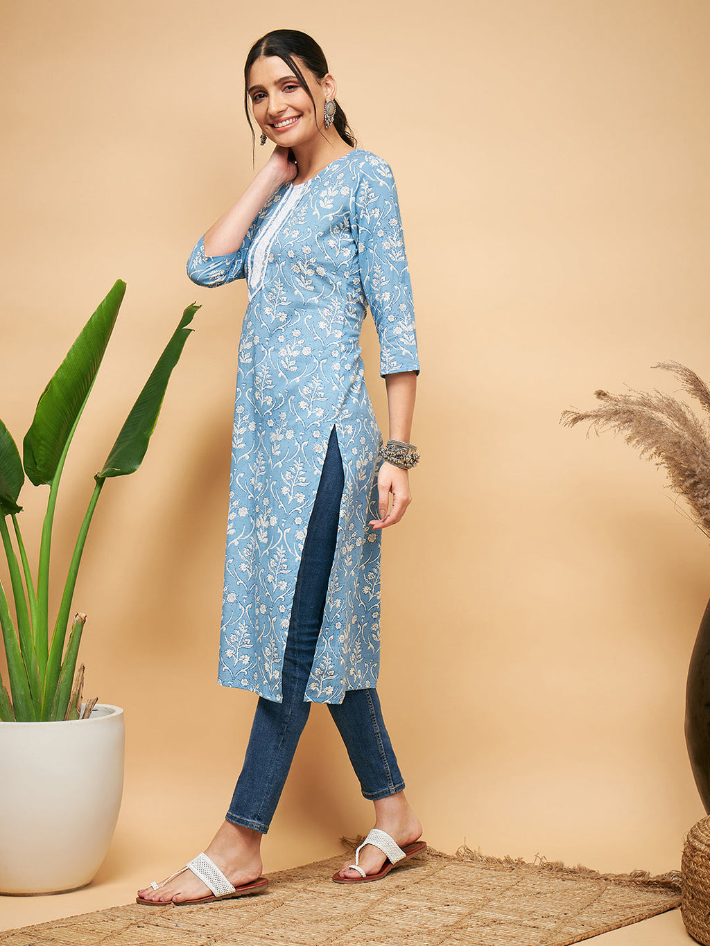 InWeave Women's Powder Blue White Print Lace Straight Kurta