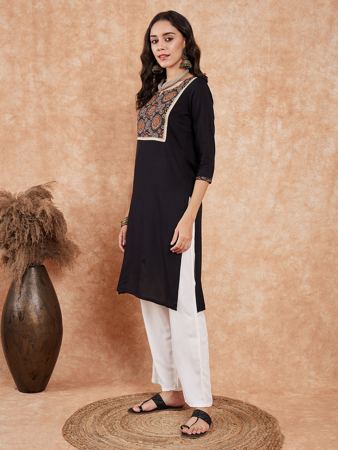 InWeave Women's Black Printed Neck Patch Work Straight Kurta