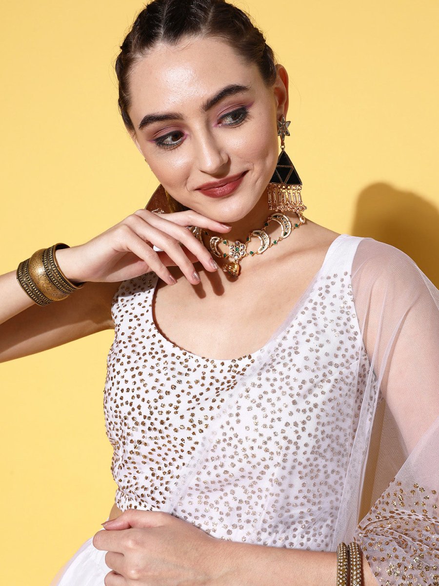 Ahalyaa White & Gold-Toned Printed Ready to Wear Lehenga & Blouse With Dupatta