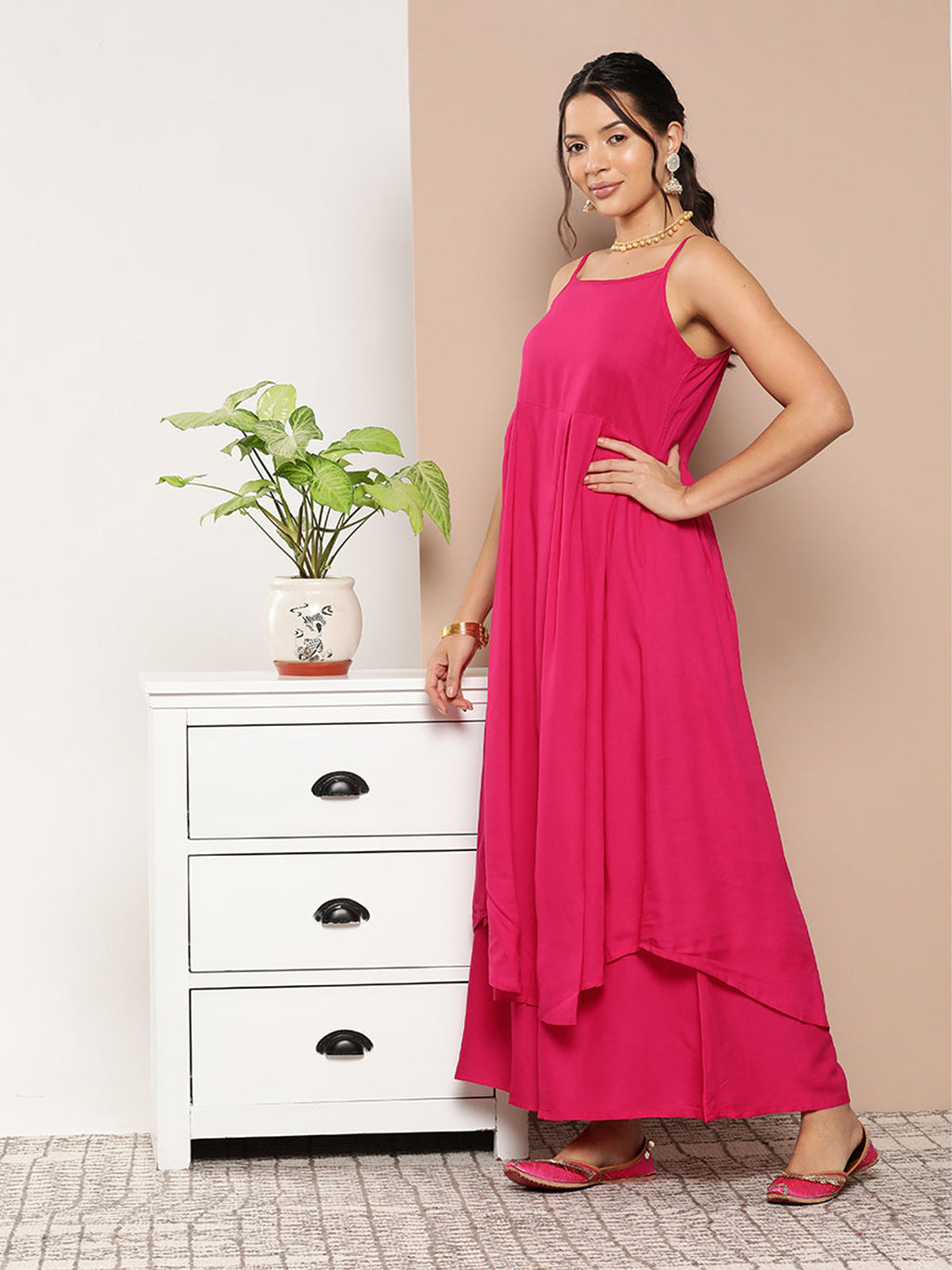InWeave Women's Fuchsia Strappy Set With Navy Floral Organza Dupatta