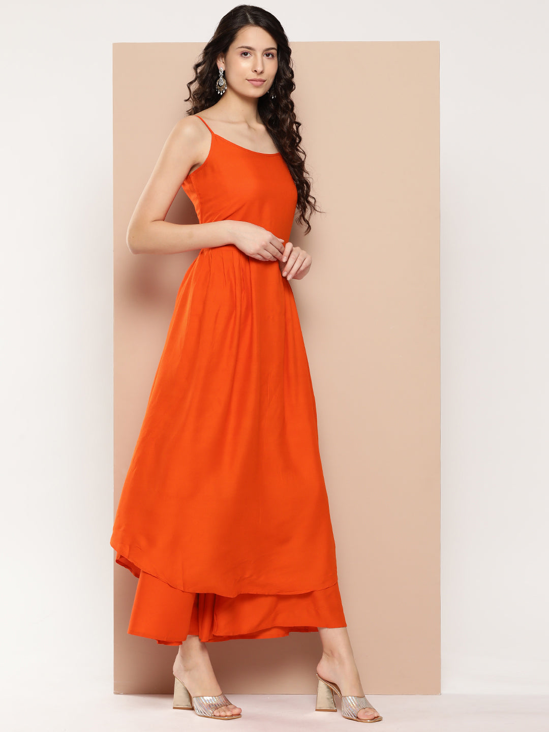 InWeave Women's Orange Strappy Set With Blue Chinnon Print Silk Dupatta