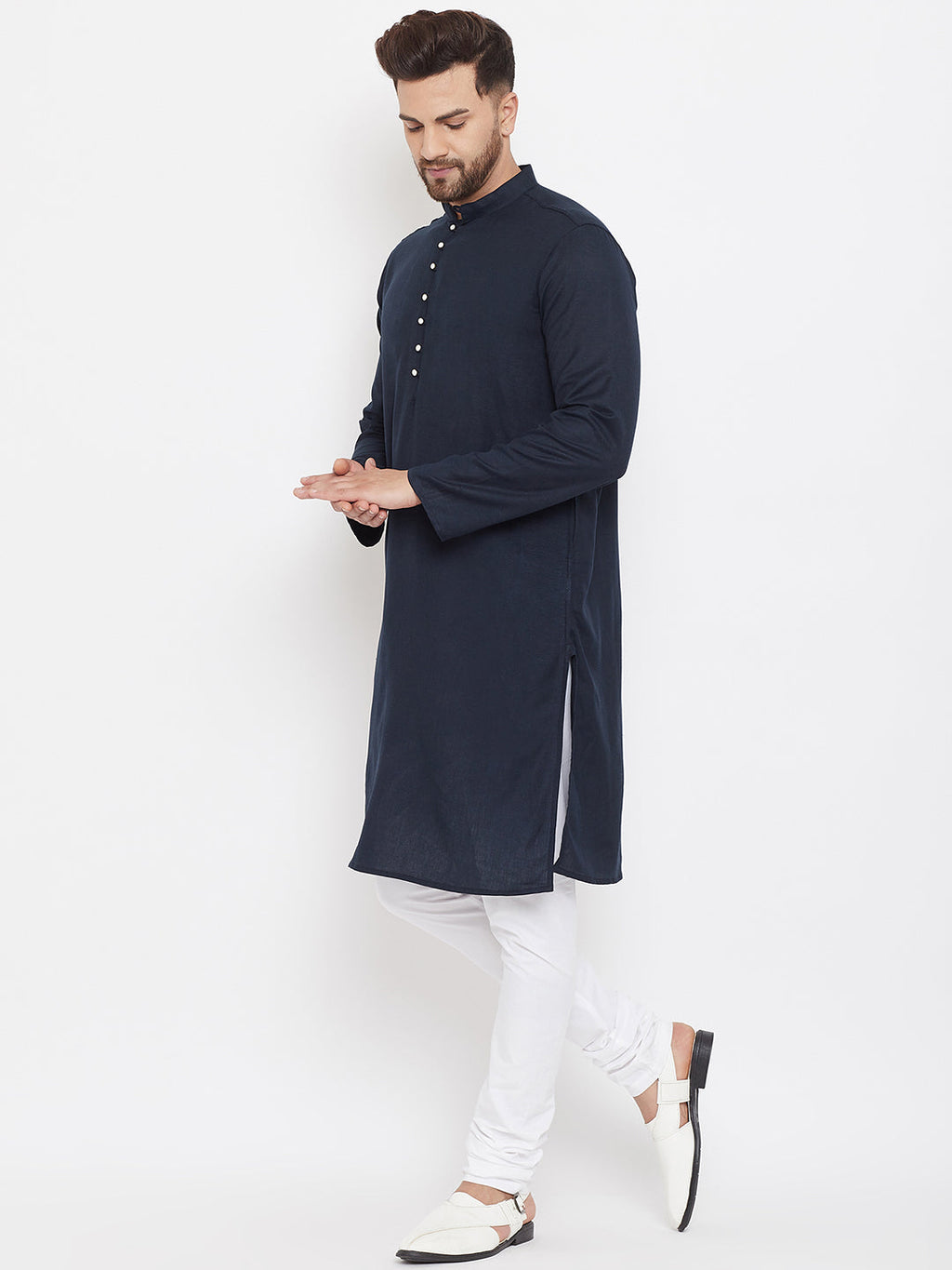 Even Apparels Blue Pure Cotton Kurta With Band Collar