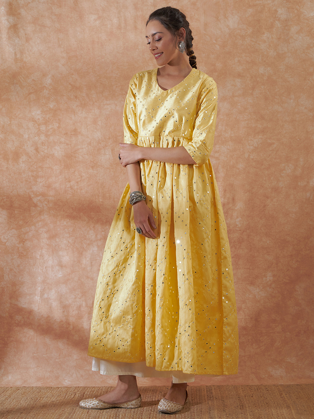 InWeave Women's Light Yellow Mirror Work Long Anarkali Kurta